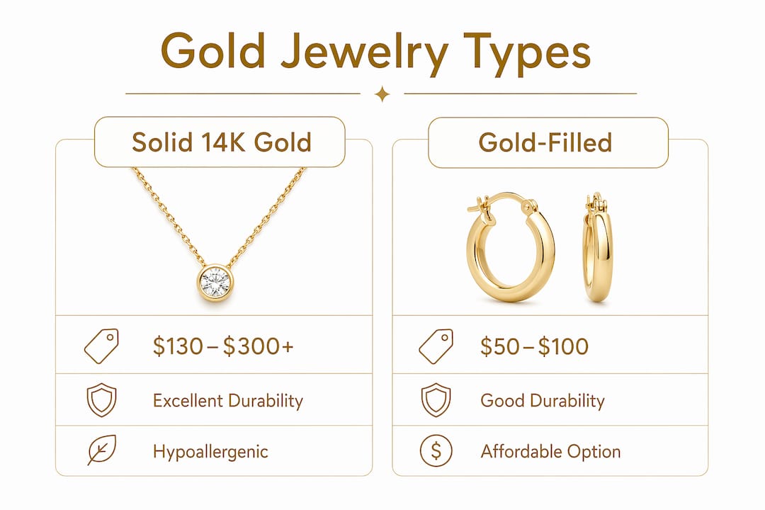 Comparison infographic of kids' gold jewelry types and features