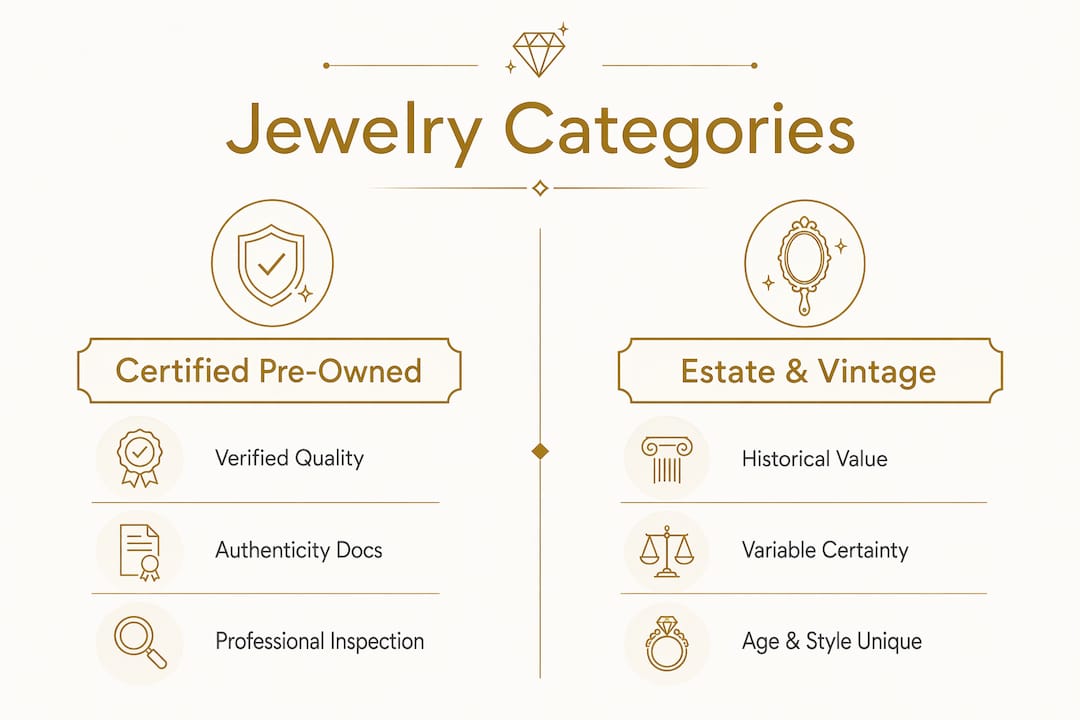 Infographic comparing certified pre-owned with estate and vintage jewelry