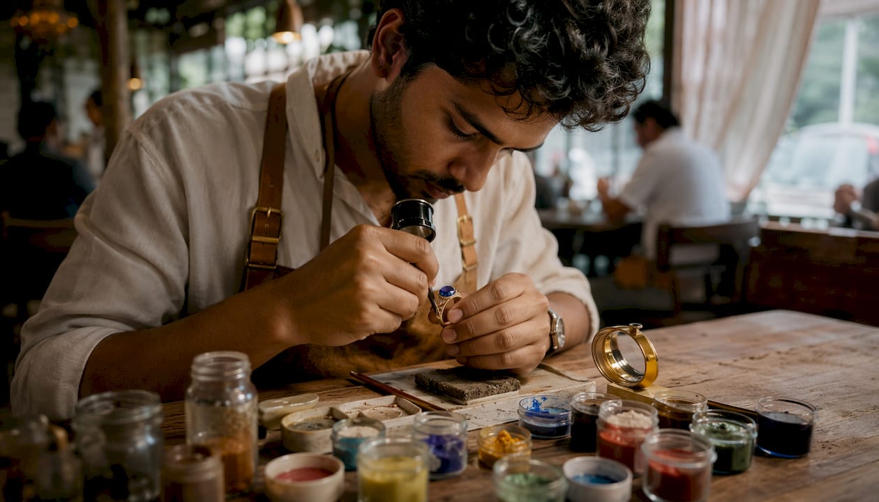 Jeweler setting sapphire and enamel on signet ring