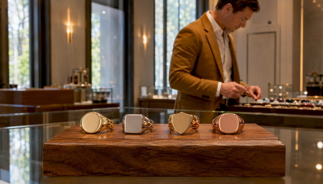 Display of various popular signet ring shapes