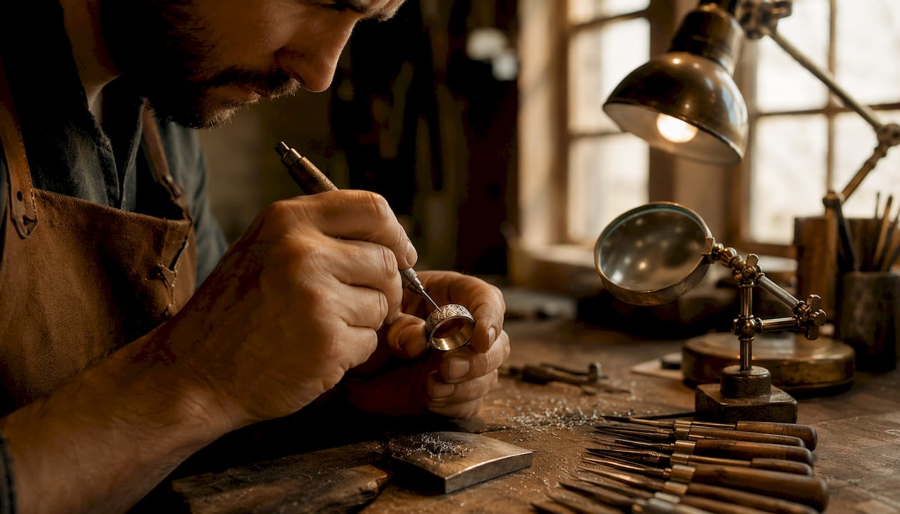 Jeweler engraving a silver ring by hand