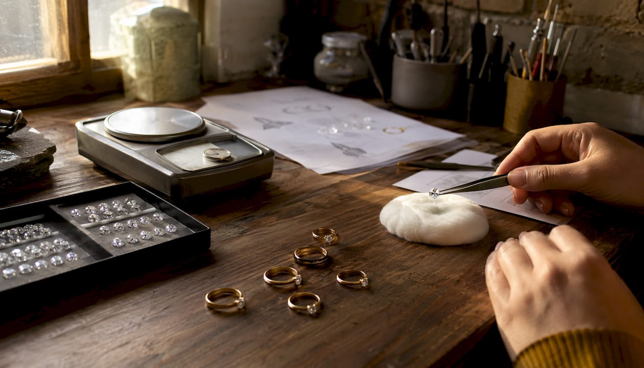 Close-up of lab-grown diamonds on jeweler's bench