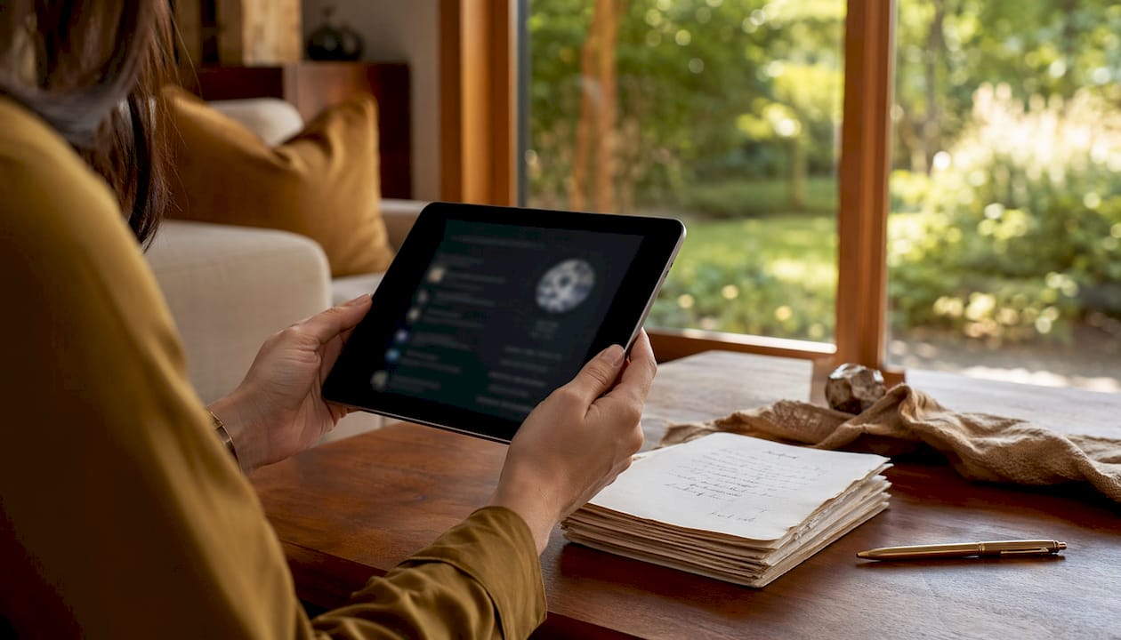 Hands holding tablet with digital provenance data