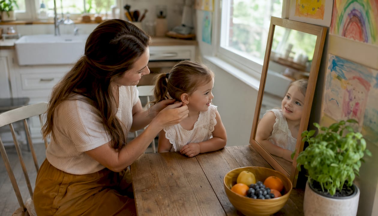 Mother helping toddler try on stud earrings at home