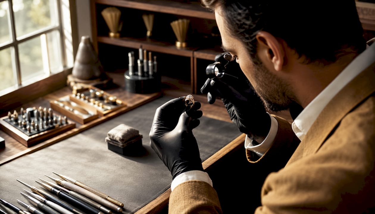 Close-up of jeweler inspecting ring settings