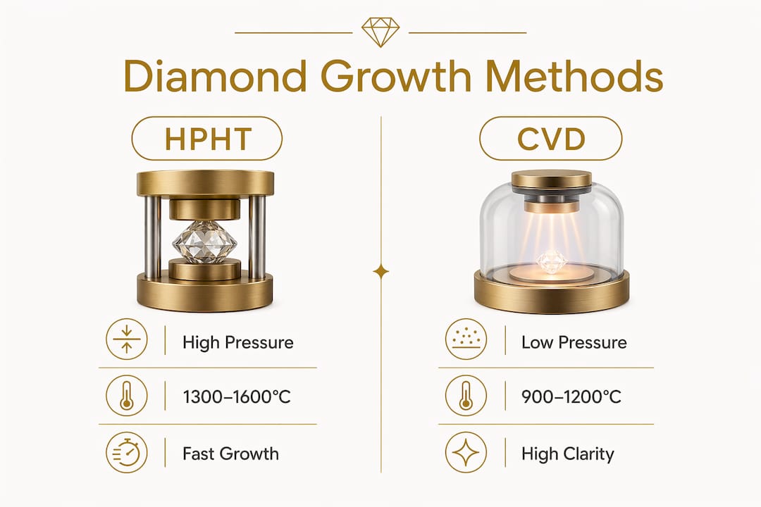 Comparison infographic of HPHT and CVD synthetic diamond methods