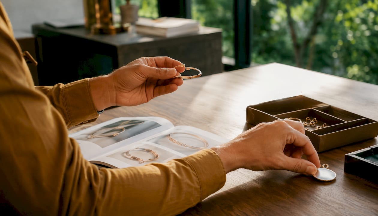 Hands comparing jewelry types and matching sets
