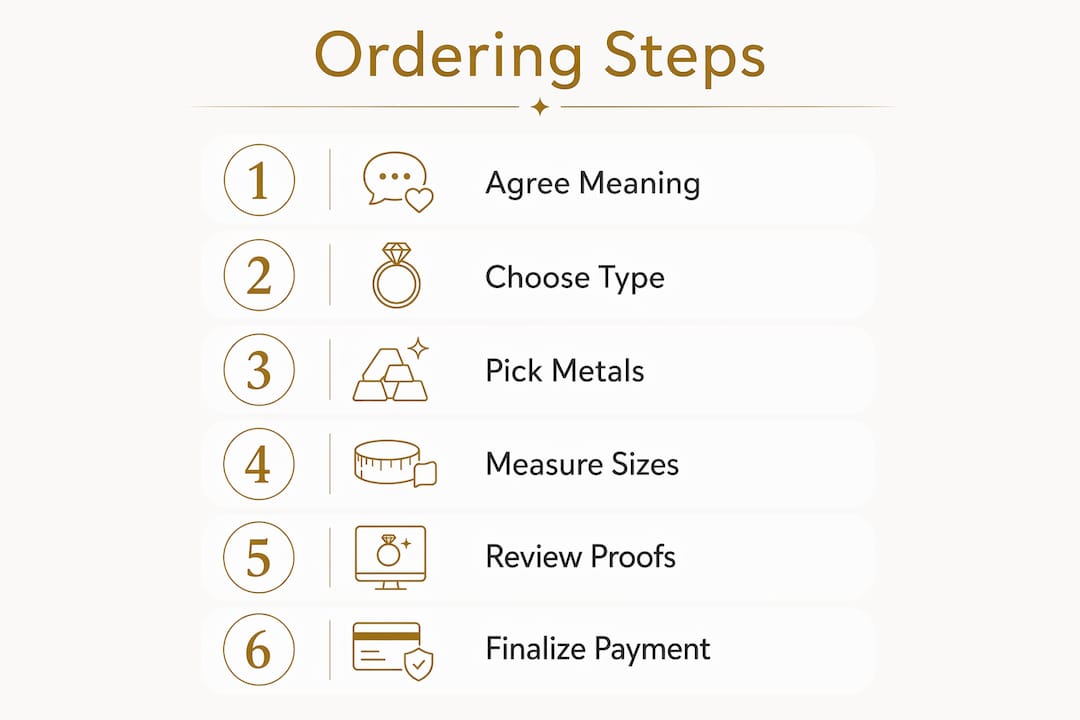 Infographic showing the six personalized couples jewelry ordering steps
