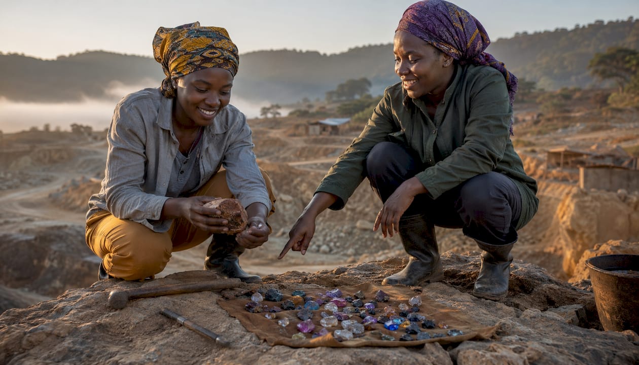 Female artisanal miners in Tanzania with gemstones