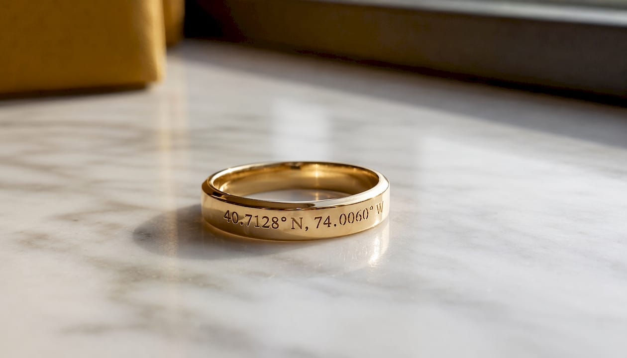 Close-up of engraved coordinates on gold ring
