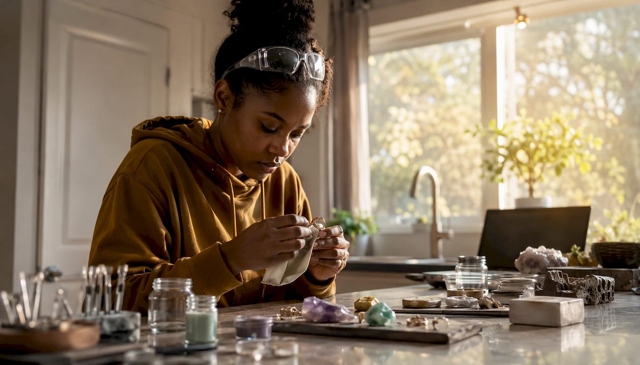 Artisan polishing silver ring in home studio