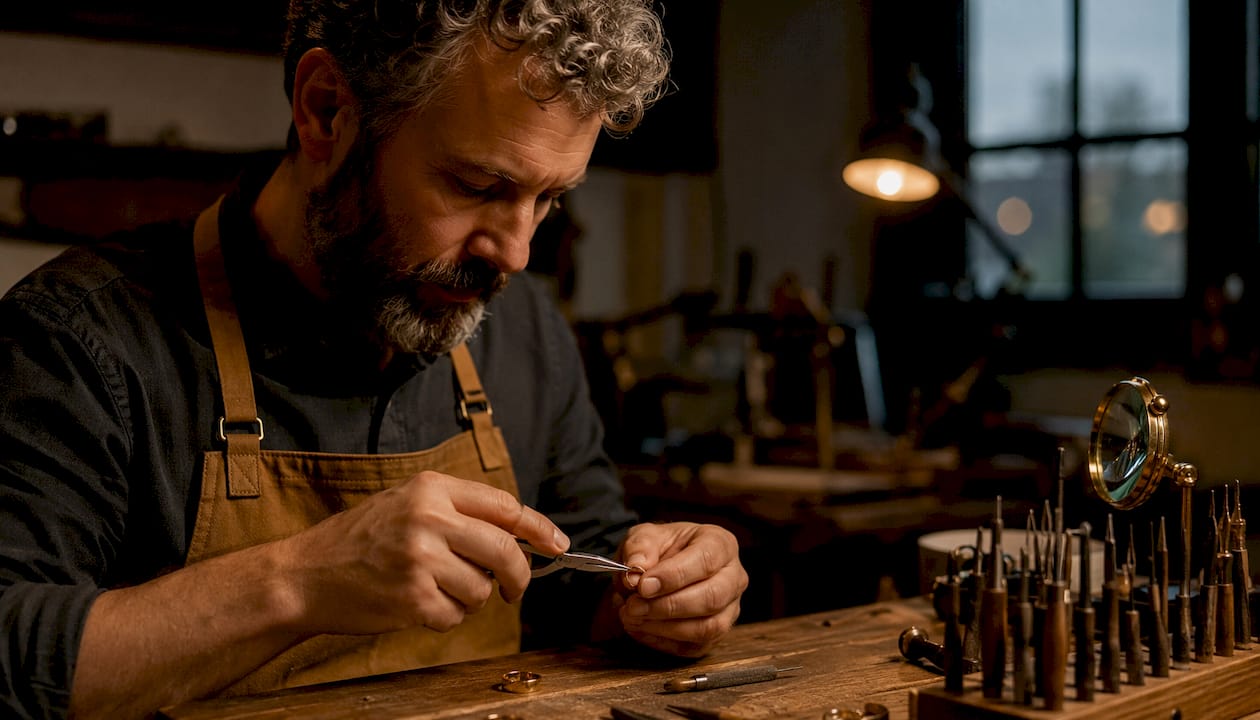 Jeweler hands setting 18k gold band on anvil