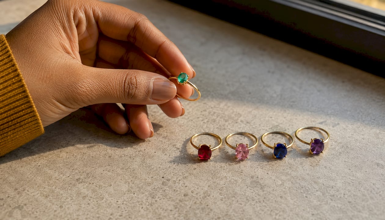 Close-up of colorful gemstone rings and labels