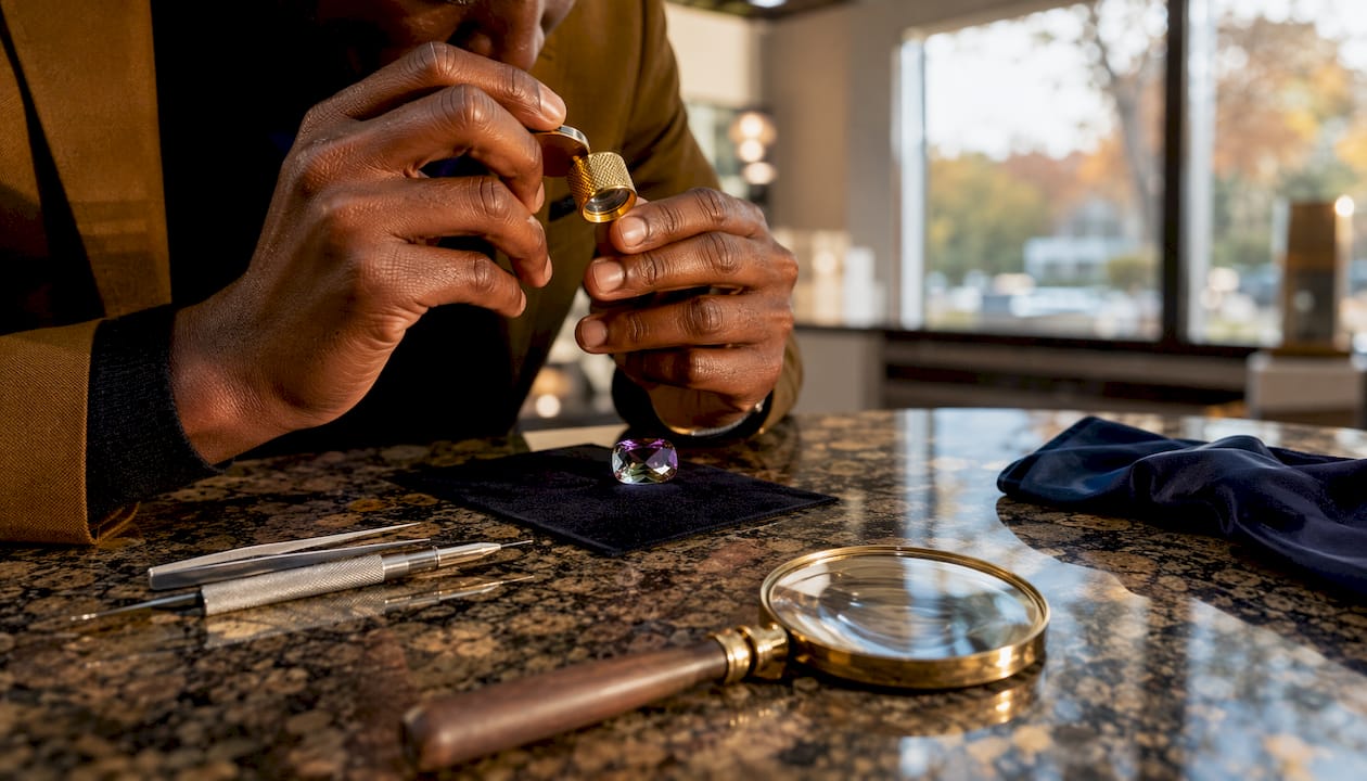 Jeweler inspecting color-shifting alexandrite gem