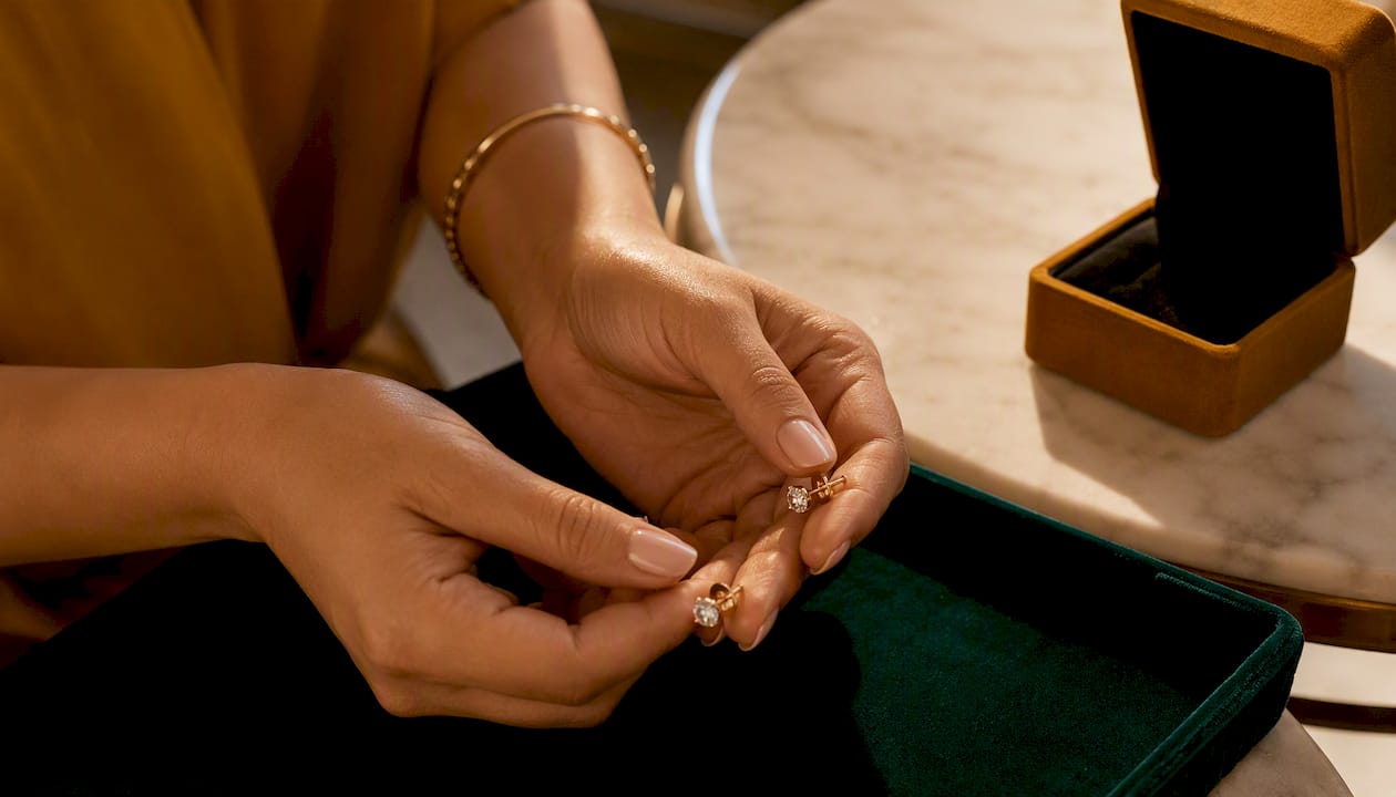 Close-up of gold stud earrings on velvet tray