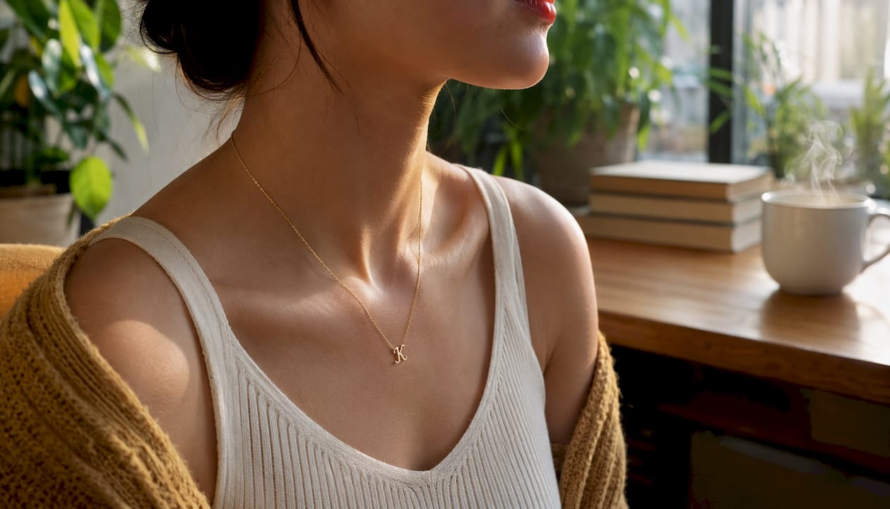 Close-up of delicate gold necklace pendant worn