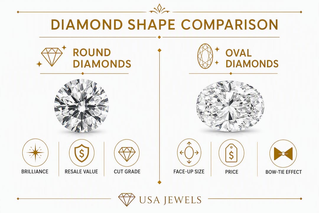 Infographic comparing round and oval diamond features