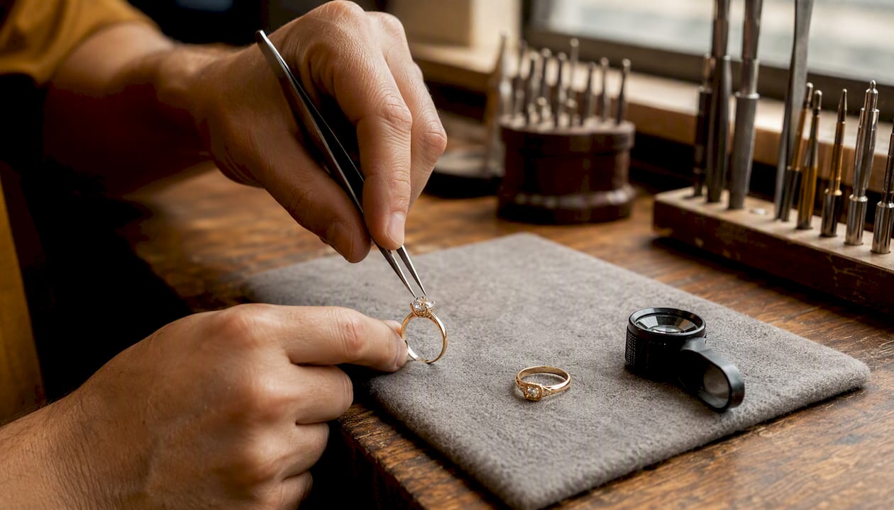 Close-up of hands setting diamond into prong ring