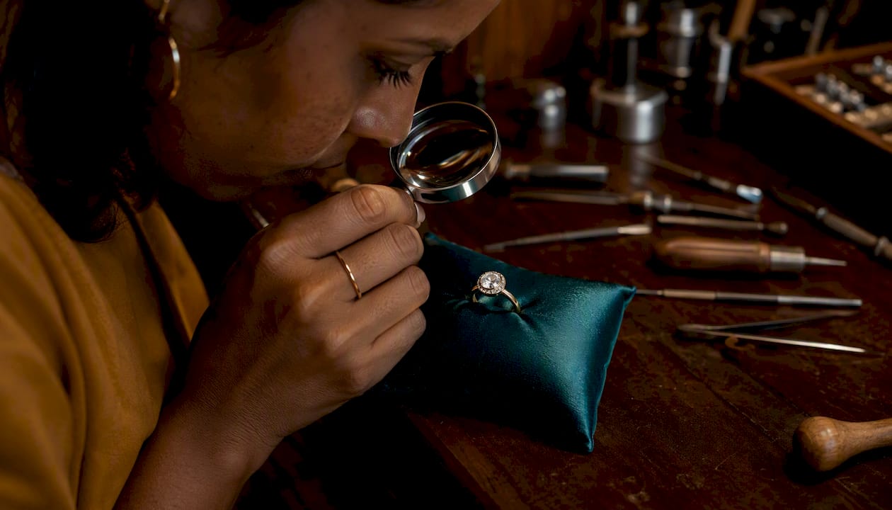 Jeweler inspecting full bezel setting engagement ring
