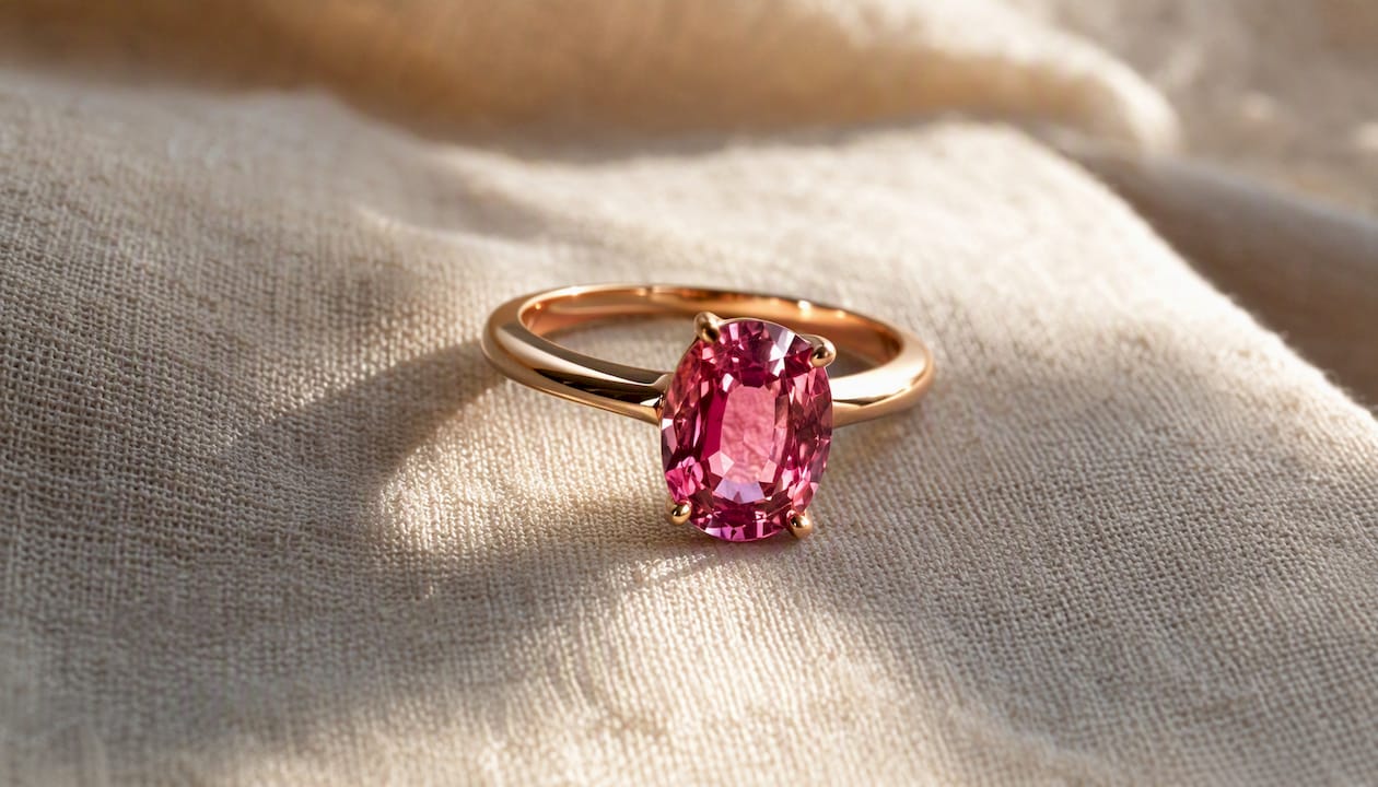 Pink tourmaline ring in rose gold on fabric