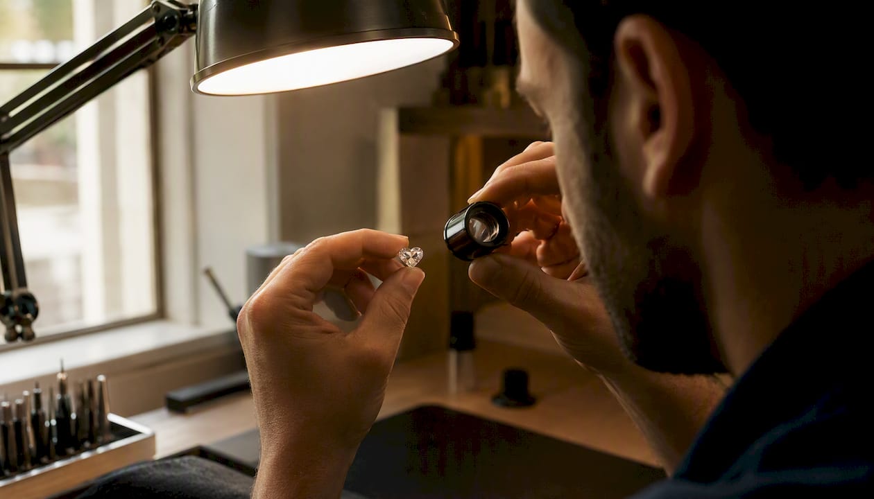Hands inspecting diamond symmetry with jeweler lamp