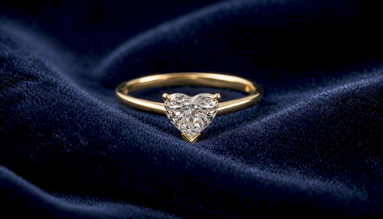Close-up of heart diamond apex protected by V-shaped prong