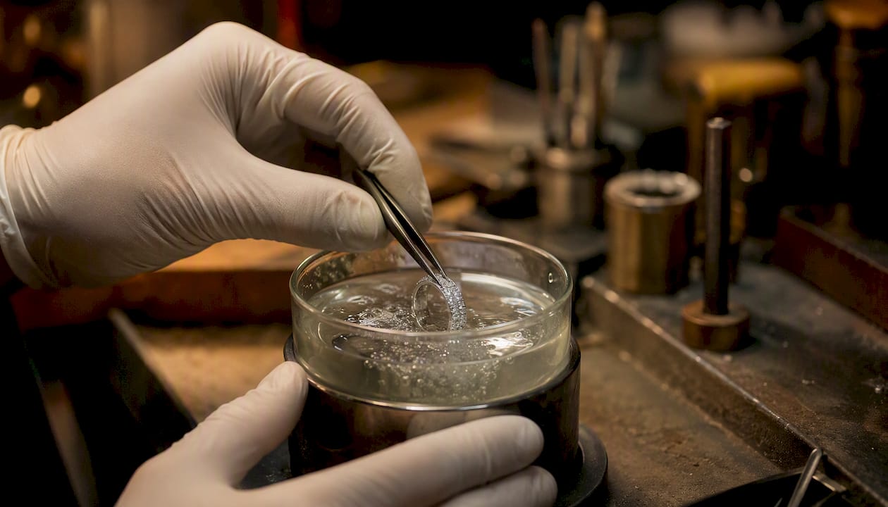Jeweler dipping ring into rhodium plating bath