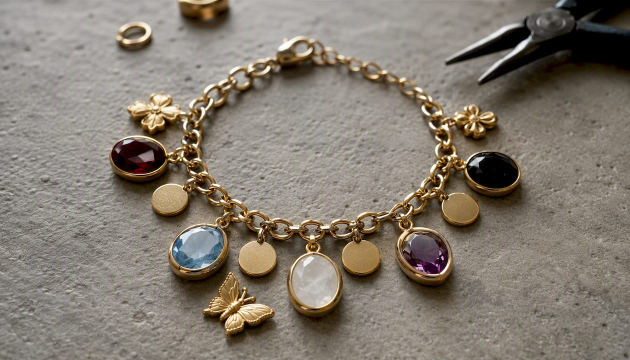 Flat lay balanced charm bracelet with mixed charm sizes