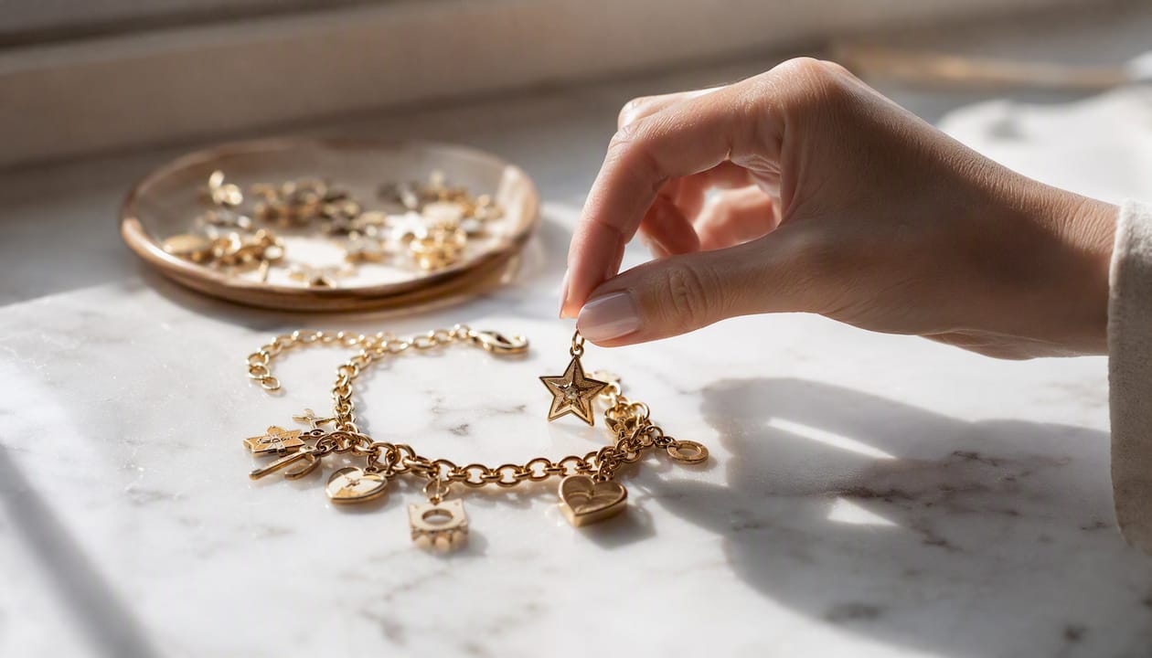 Hand attaching charm to gold charm bracelet