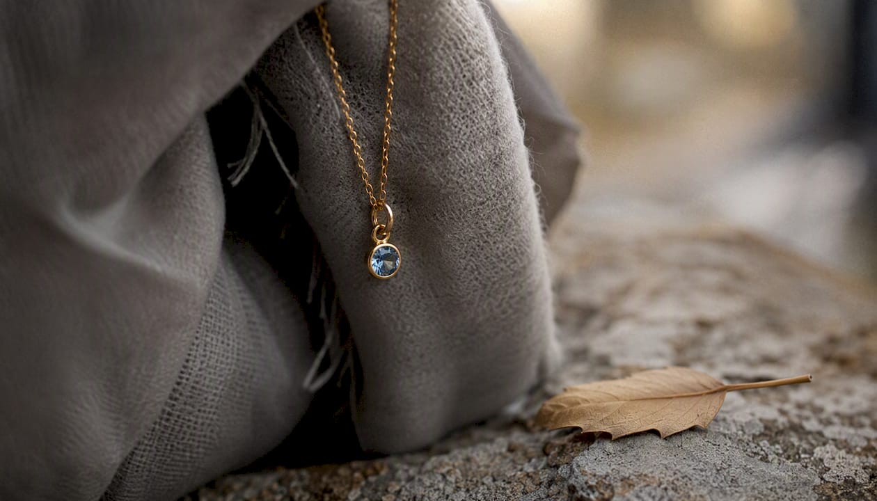 Gold chain with birthstone pendant close-up