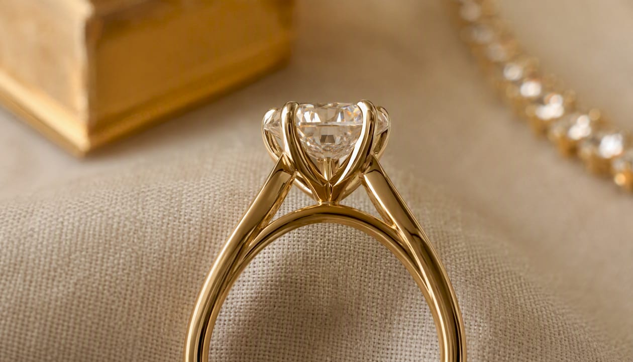 Detailed view of split-shank cathedral ring arches and elevated diamond