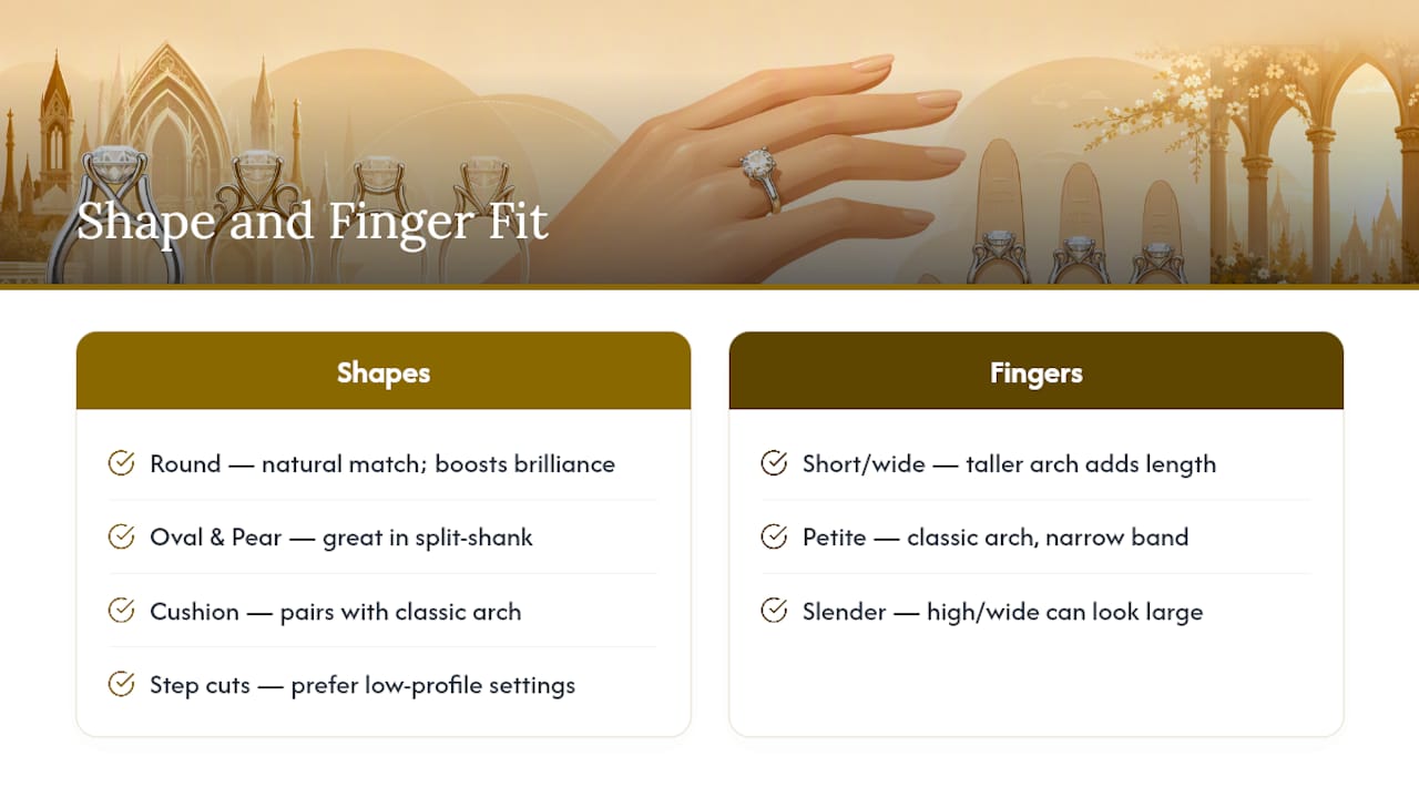 Which diamond shapes and finger types suit cathedral settings — overview diagram