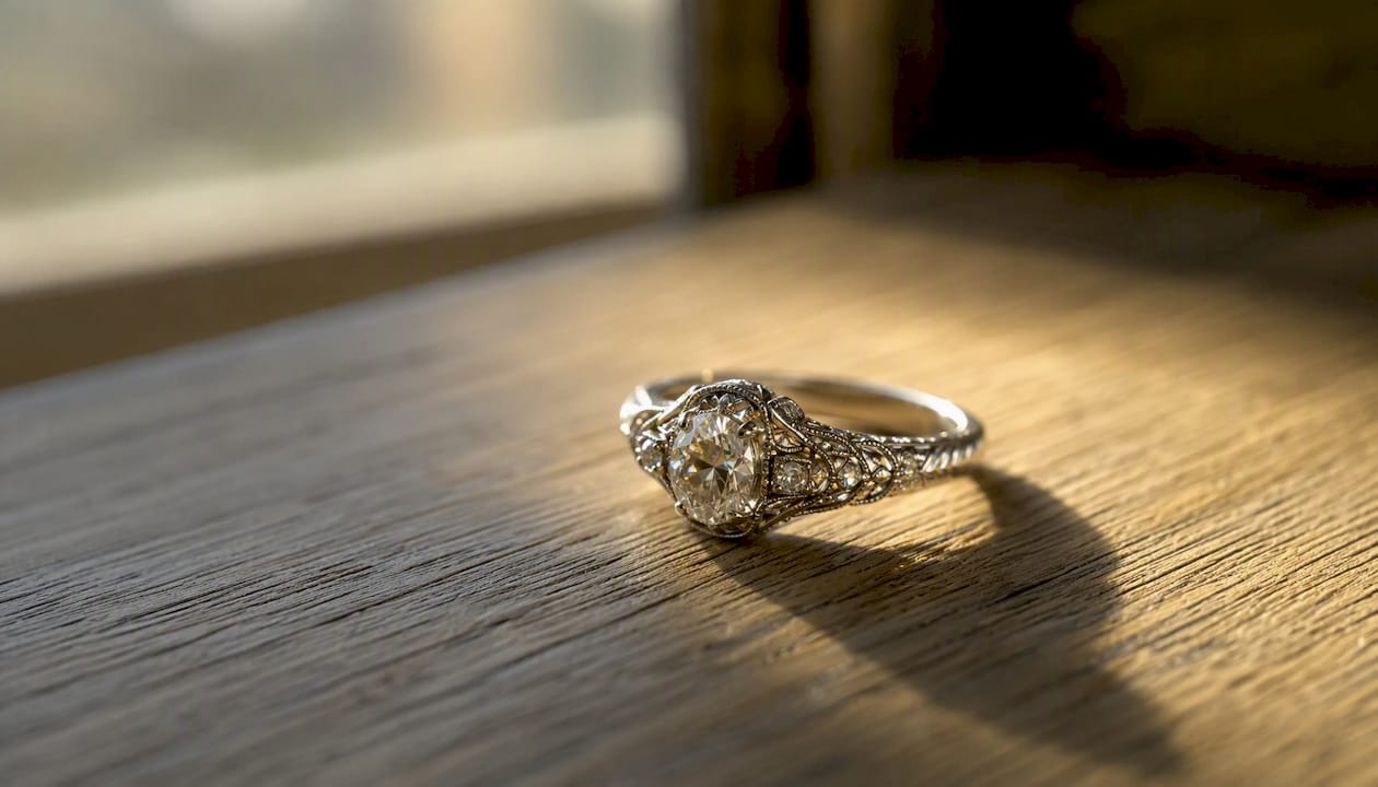 Heirloom diamond ring on wood surface