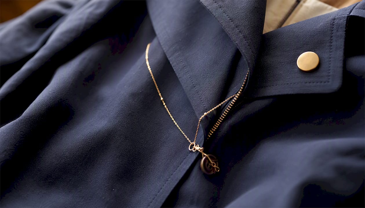Long necklace tangled on clothing zipper
