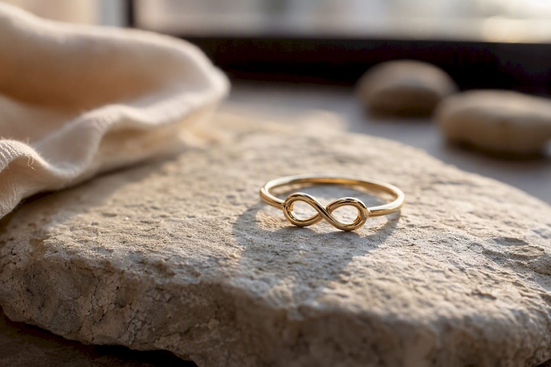 Delicate gold infinity promise ring close-up