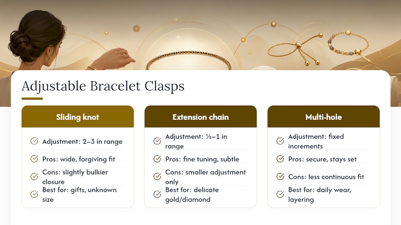 Comparison diagram of adjustable bracelet clasp types