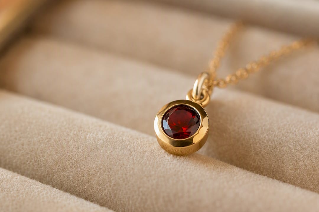 Close-up gold bezel birthstone pendant