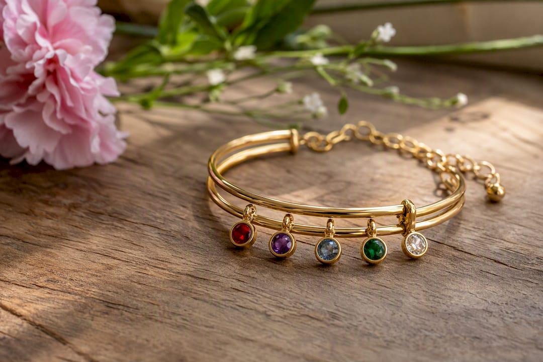 Expandable gold charm bracelet with birthstone charm
