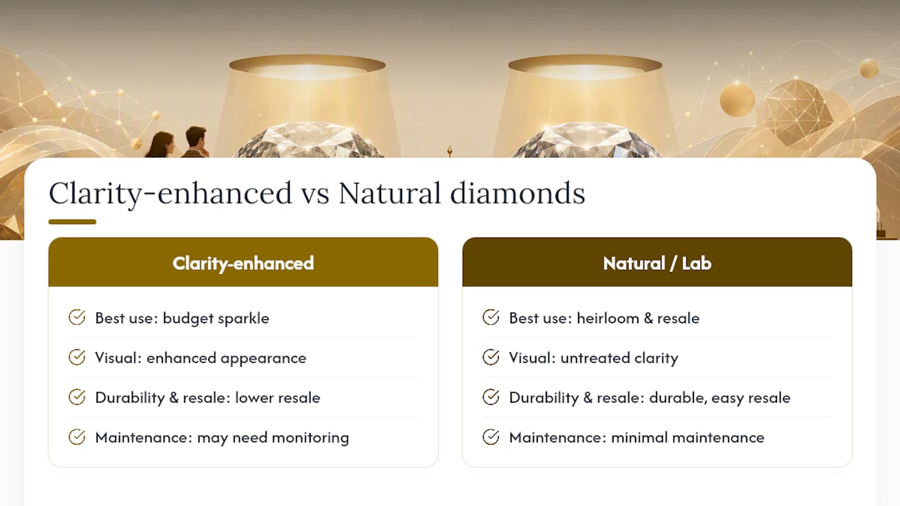 Diagram comparing clarity enhanced and natural diamonds