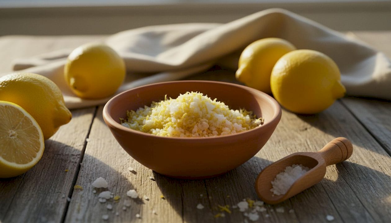 Close-up of lemon zest salt blend in bowl