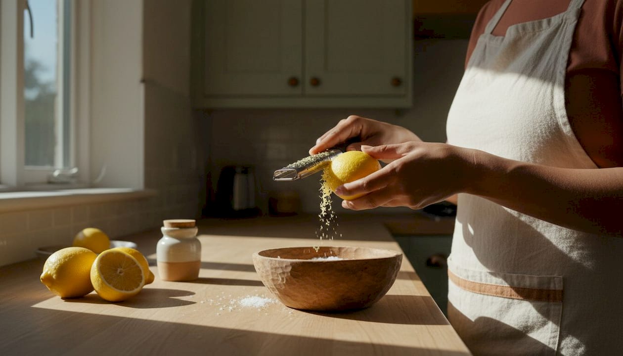Hands zesting lemon over salt bowl