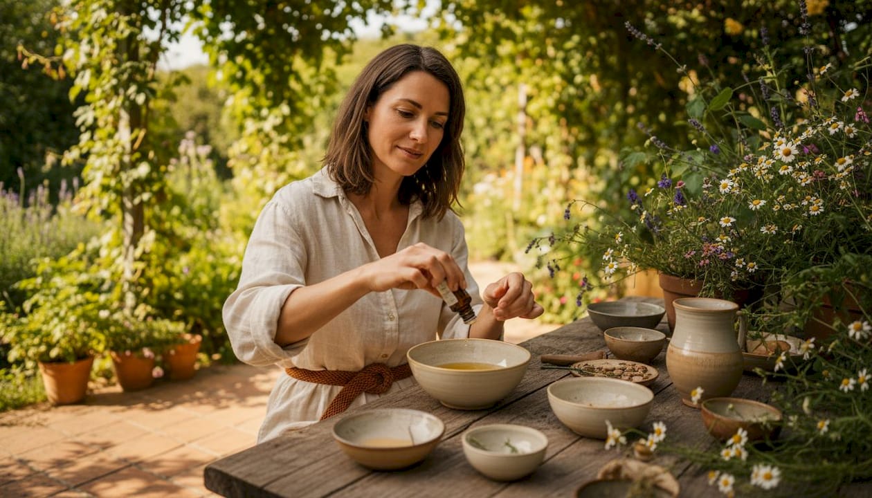 Woman preparing rosemary oil for hair care