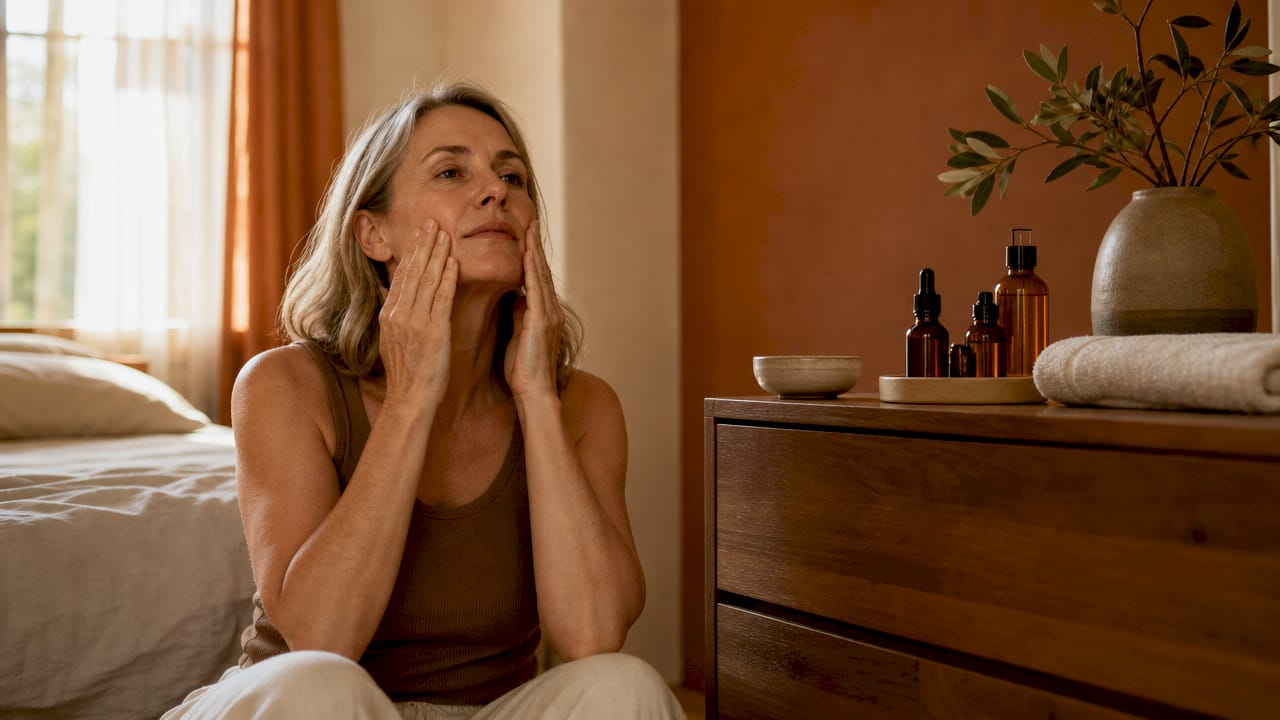 Woman applying facial oil in bright bathroom