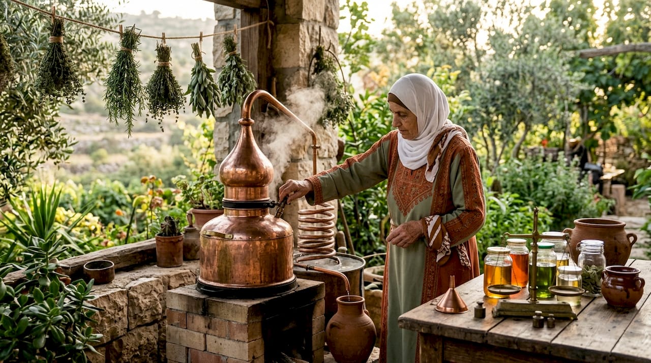 Woman’s hands distilling essential oils traditionally