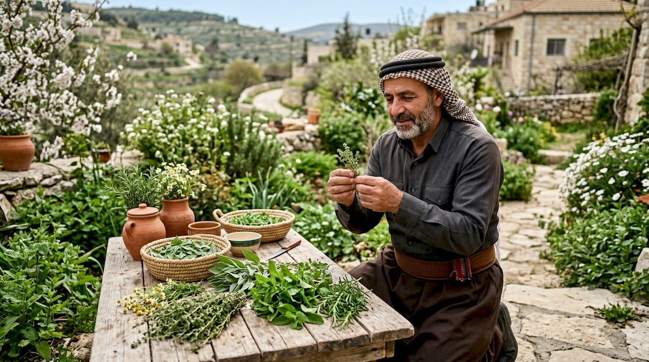 Artisan inspecting Palestinian herbs outdoors