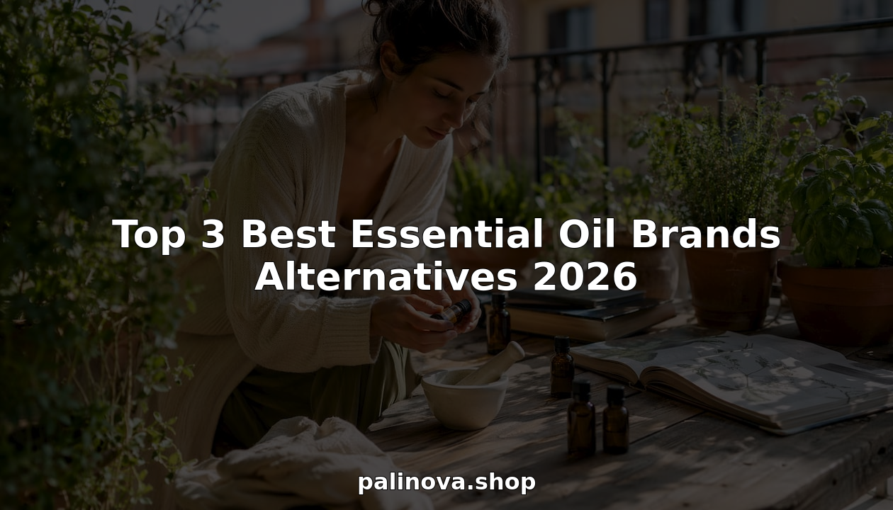 Woman comparing essential oil bottles on kitchen countertop