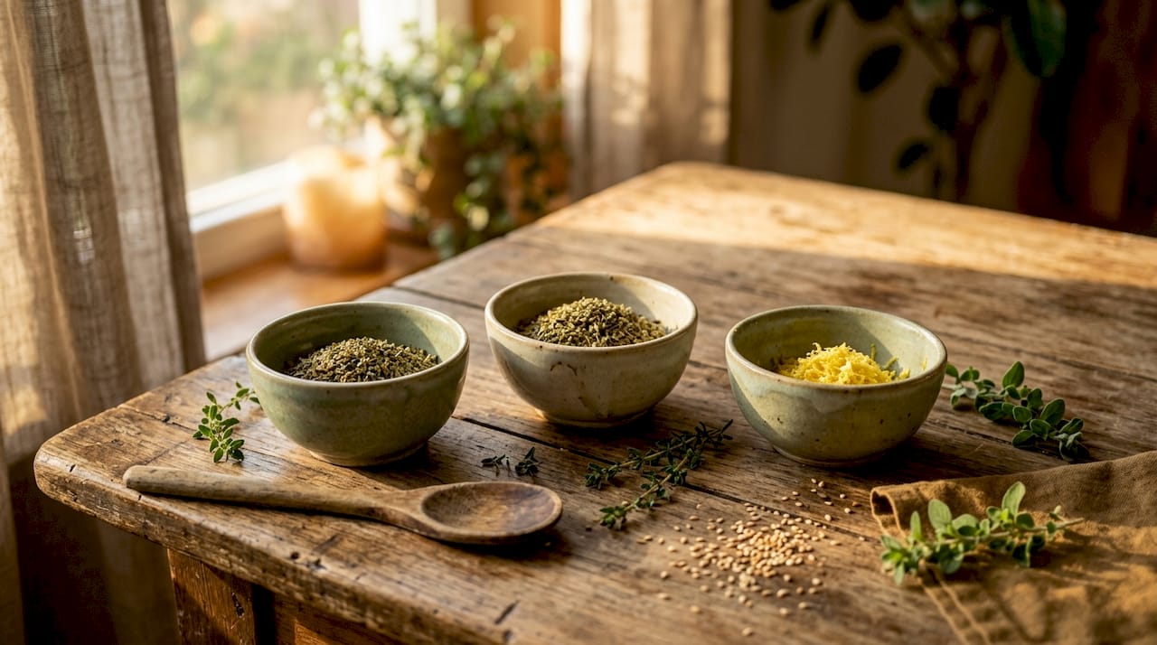 Bowls with marjoram, oregano, lemon zest herbs