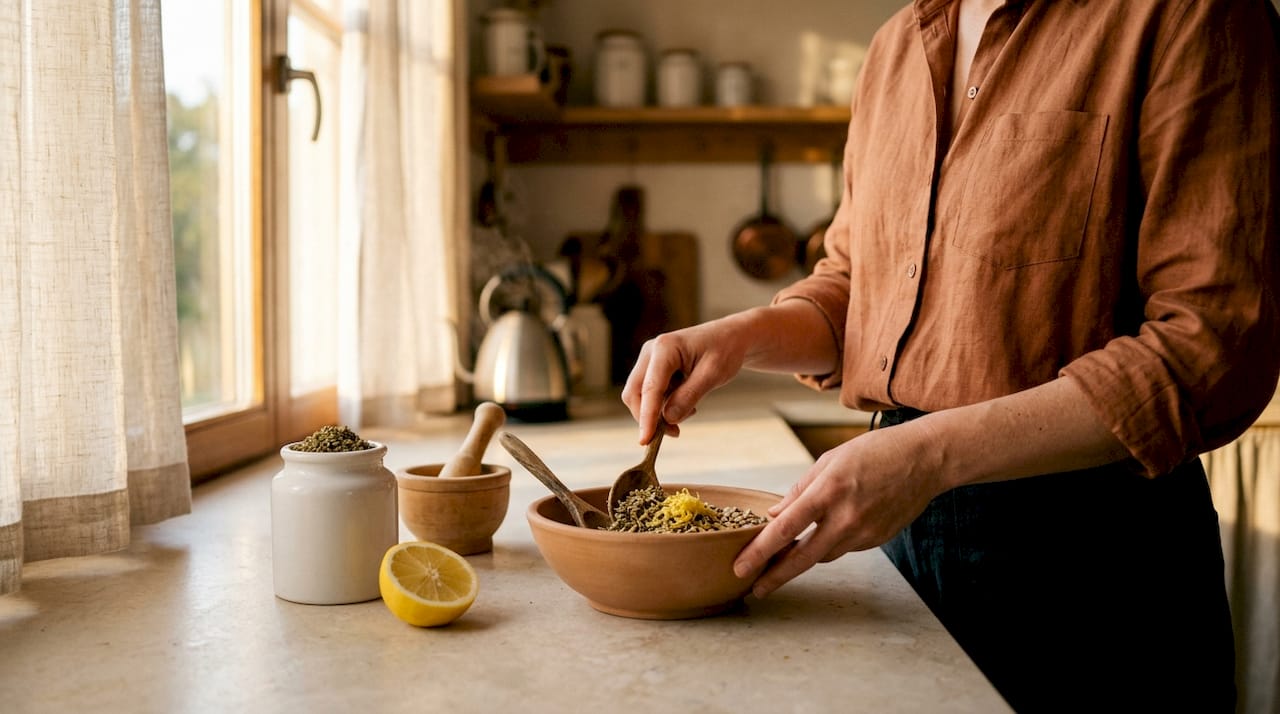 Hands mixing za’atar substitute ingredients in kitchen