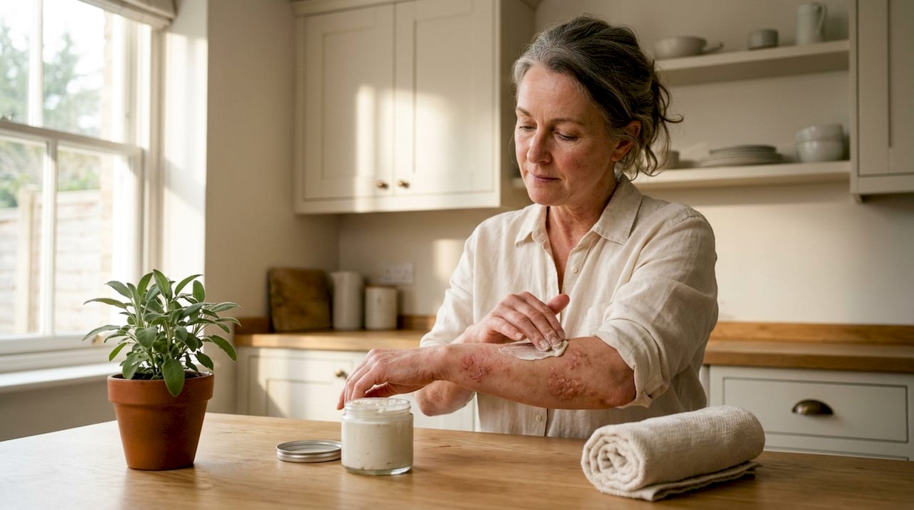 Woman applying natural eczema moisturiser in bathroom