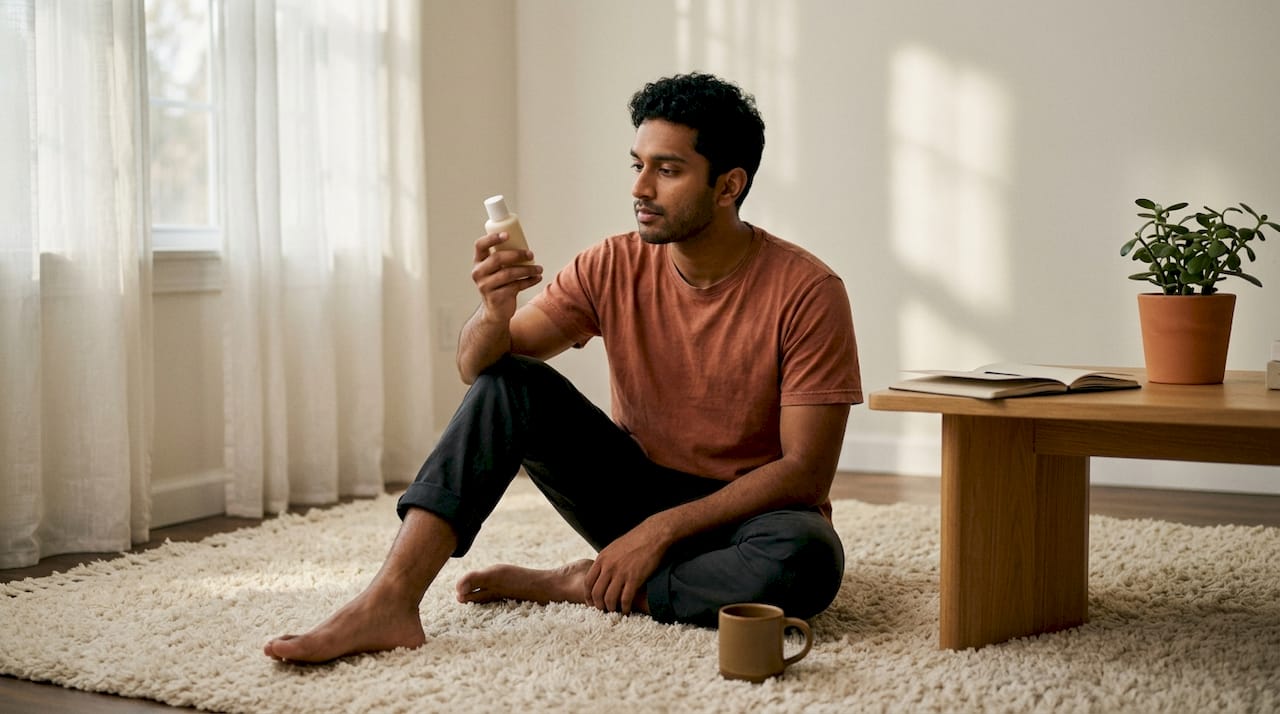 Man examining natural eczema product label in kitchen